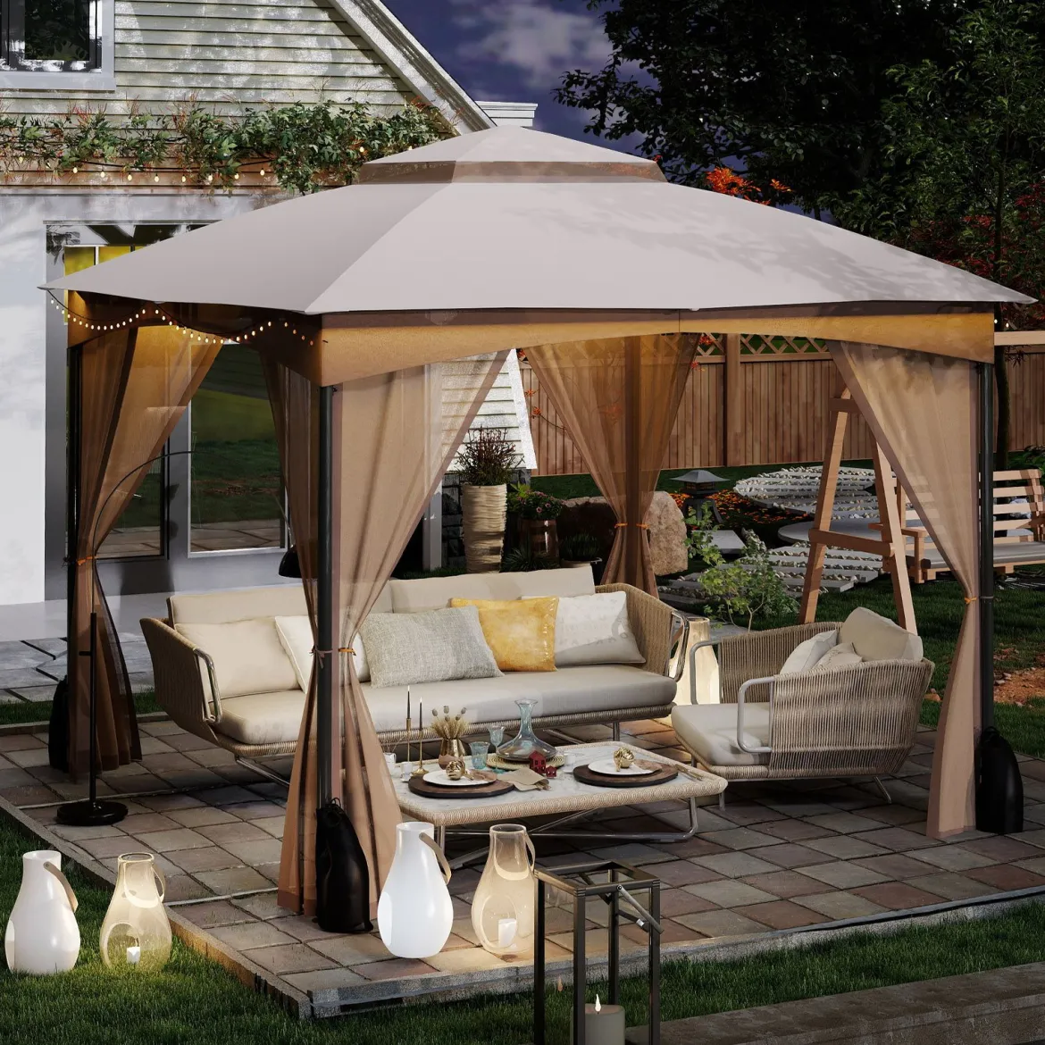 3 x 3 m Pavillon mit Moskitonetz & 4 Sandsäcken & Doppeldach Wasserdicht Gartenpavillon Khaki