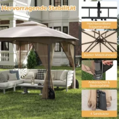 3 x 3 m Pavillon mit Moskitonetz & 4 Sandsäcken & Doppeldach Wasserdicht Gartenpavillon Khaki