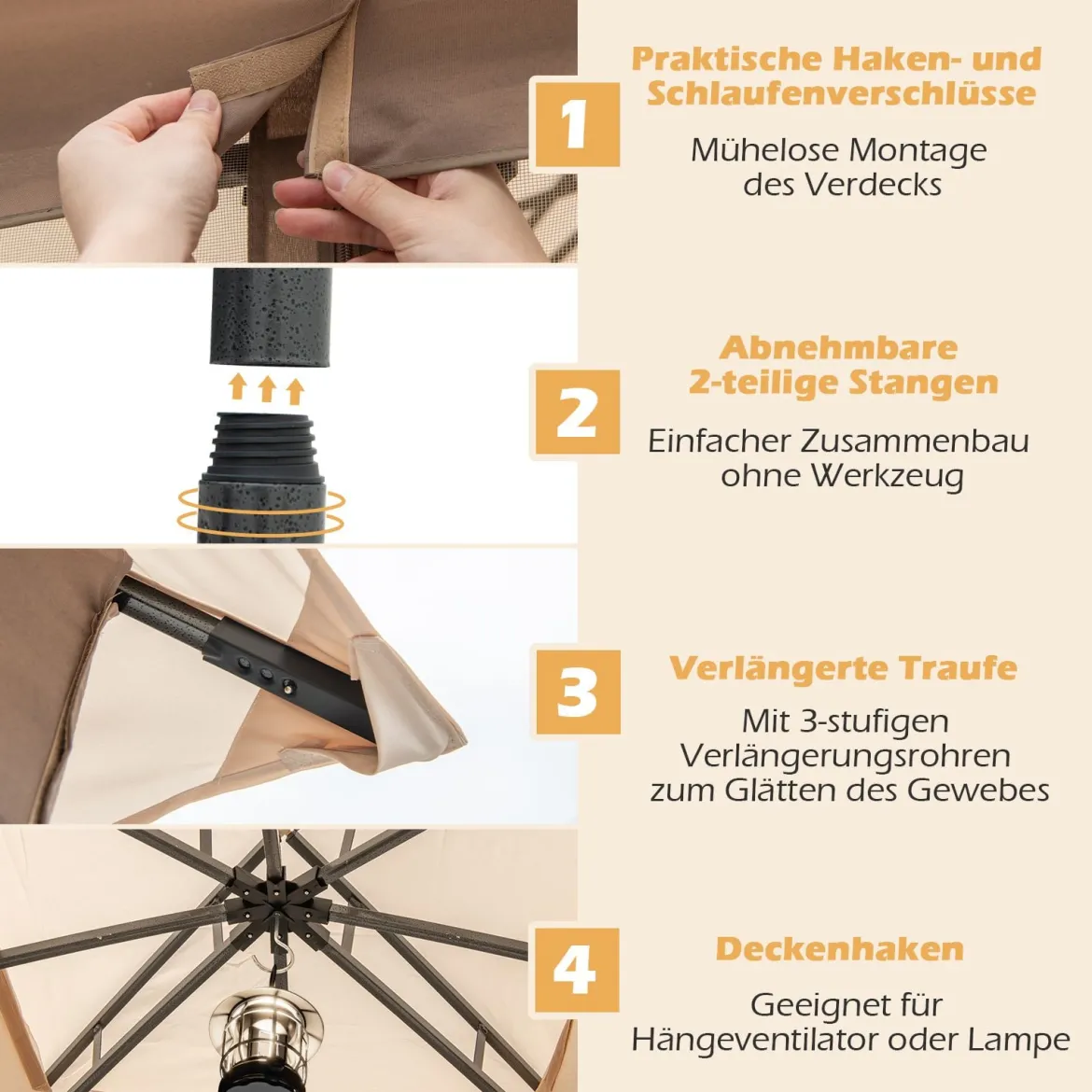 3 x 3 m Pavillon mit Moskitonetz & 4 Sandsäcken & Doppeldach Wasserdicht Gartenpavillon Khaki