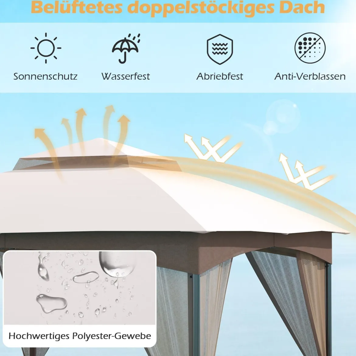 3 x 3 m Pavillon mit Moskitonetz & 4 Sandsäcken & Doppeldach Wasserdicht Gartenpavillon Khaki