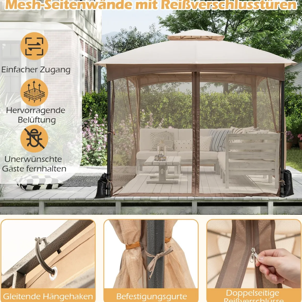 3 x 3 m Pavillon mit Moskitonetz & 4 Sandsäcken & Doppeldach Wasserdicht Gartenpavillon Khaki