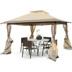 3,6 x 3,6 m Pavillon mit Moskitonetz und Doppeldach UV-Schutz 50+ Faltpavillon Khaki