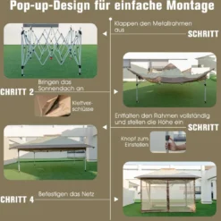3,6 x 3,6 m Pavillon mit Moskitonetz und Doppeldach UV-Schutz 50+ Faltpavillon Khaki