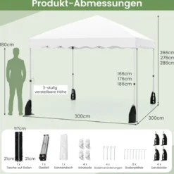 3 x 3 m Pavillon mit Rolltasche Wasserdichter Faltpavillon inkl. 4 Windseile Gartenzelt Weiß