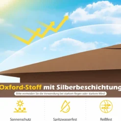 3,5 x 3,5 M Pavillon One Push Höhenverstellbar mit Moskitonetz Doppeldach Tasche für Garten Camping Braun