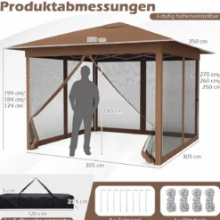 3,5 x 3,5 M Pavillon One Push Höhenverstellbar mit Moskitonetz Doppeldach Tasche für Garten Camping Braun