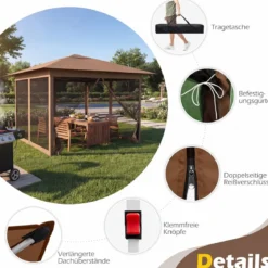 3,5 x 3,5 M Pavillon One Push Höhenverstellbar mit Moskitonetz Doppeldach Tasche für Garten Camping Braun