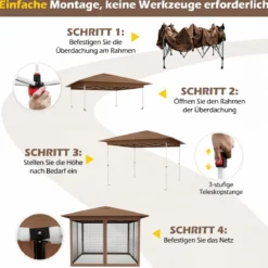 3,5 x 3,5 M Pavillon One Push Höhenverstellbar mit Moskitonetz Doppeldach Tasche für Garten Camping Braun