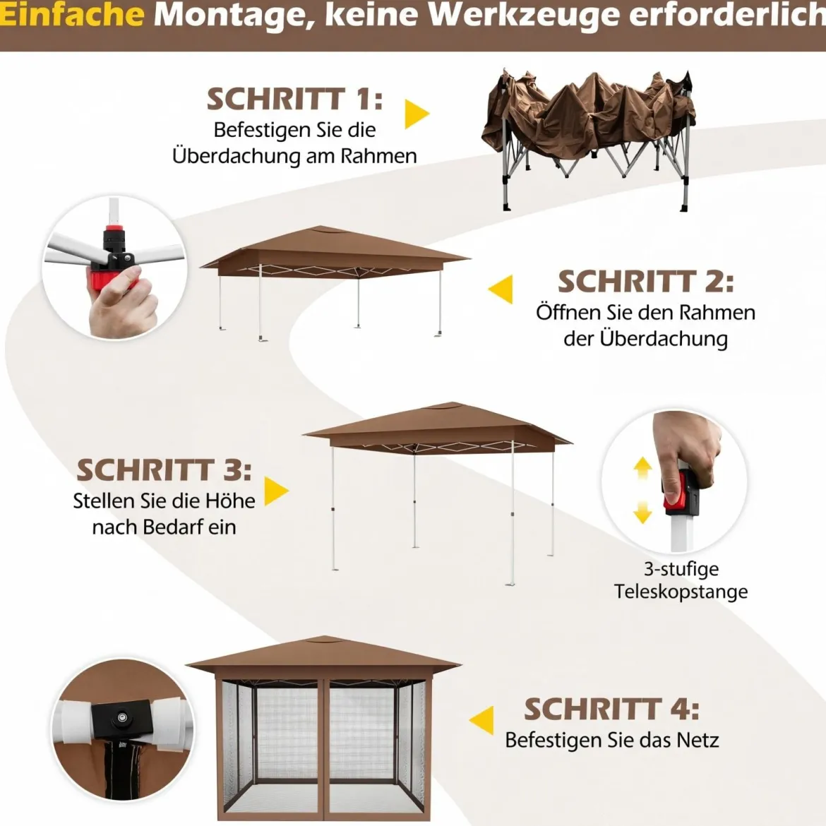 3,5 x 3,5 M Pavillon One Push Höhenverstellbar mit Moskitonetz Doppeldach Tasche für Garten Camping Braun