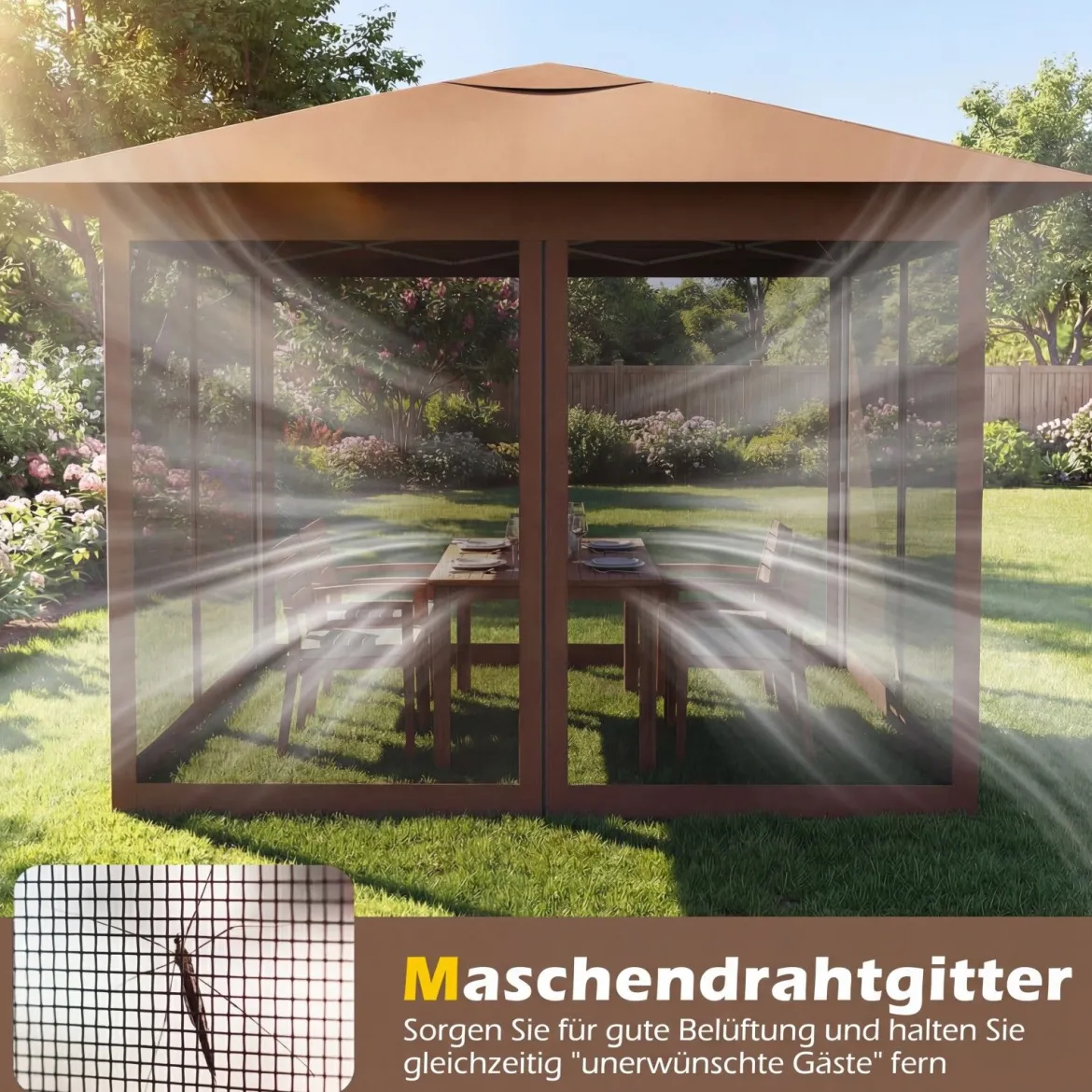 3,5 x 3,5 M Pavillon One Push Höhenverstellbar mit Moskitonetz Doppeldach Tasche für Garten Camping Braun