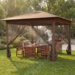 3,5 x 3,5 M Pavillon One Push Höhenverstellbar mit Moskitonetz Doppeldach Tasche für Garten Camping Braun
