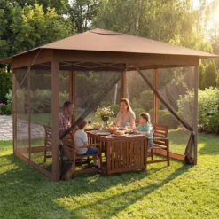 3,5 x 3,5 M Pavillon One Push Höhenverstellbar mit Moskitonetz Doppeldach Tasche für Garten Camping Braun