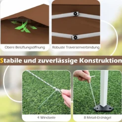 3,5 x 3,5 M Pavillon One Push Höhenverstellbar mit Moskitonetz Doppeldach Tasche für Garten Camping Braun