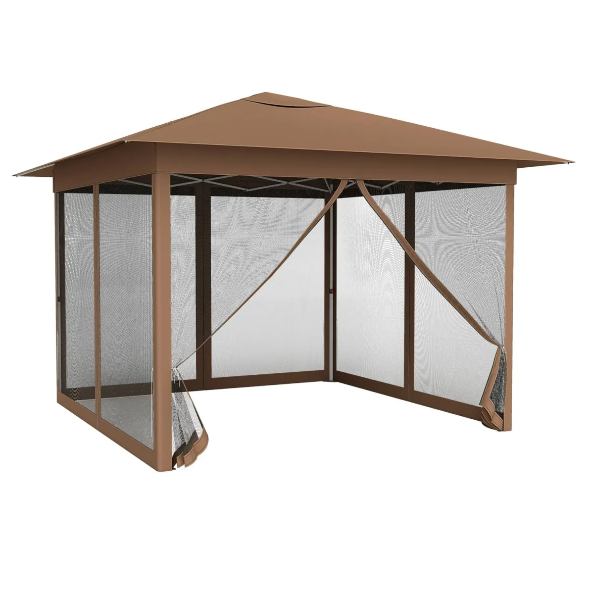 3,5 x 3,5 M Pavillon One Push Höhenverstellbar mit Moskitonetz Doppeldach Tasche für Garten Camping Braun