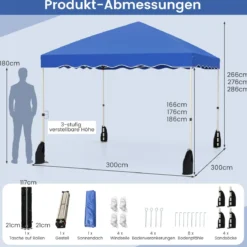 3 x 3 m Pavillon Wasserdichter Faltpavillon mit Rolltasche Winterfestes Gartenzelt Gartenpavillon Blau