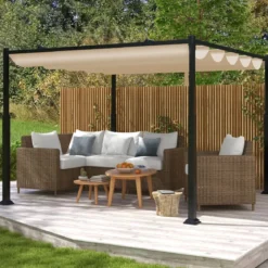 3,1 x 3,1 m Pergola mit Schiebedach Wasserdichter Pavillon Winterfester Gartenpavillon Beige