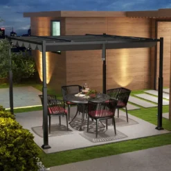 3,1 x 3,1 m Pergola mit Schiebedach Wasserdichter Pavillon Winterfester Gartenpavillon Grau