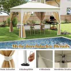 3,4 x 3,4 m Pop Up Faltpavillon mit 4 Moskitonetz & Doppeldach Gartenpavillon inkl. Tragetasche Beige