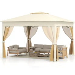 3,4 x 3,4 m Pop Up Faltpavillon mit 4 Moskitonetz & Doppeldach Gartenpavillon inkl. Tragetasche Beige