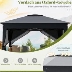 3,4 x 3,4 m Pop Up Faltpavillon mit 4 Moskitonetz & Doppeldach Gartenpavillon inkl. Tragetasche Grau