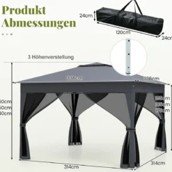 3,4 x 3,4 m Pop Up Faltpavillon mit 4 Moskitonetz & Doppeldach Gartenpavillon inkl. Tragetasche Grau