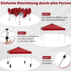 3 x 3 m Pop-Up Pavillon mit 4 Sandsäcken & Heringen & Seilen Faltpavillon Gartenpavillon Rot