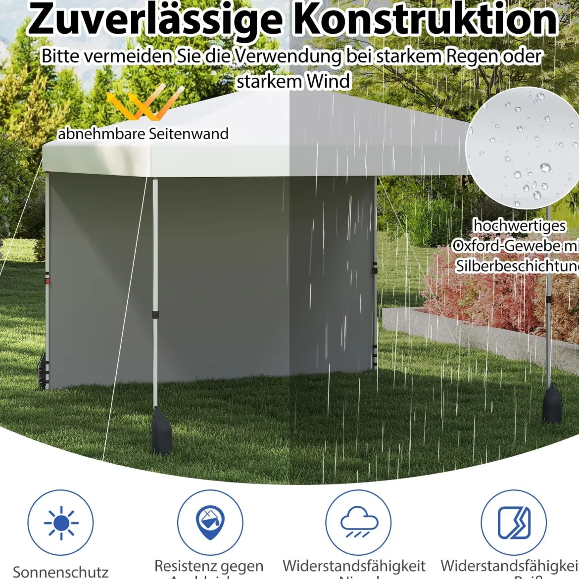 3 x 3 m Pop-up-Pavillon mit Seitenwand tragbarer Gartenpavillon inkl. Schattenspender mit Rolltasche Weiß
