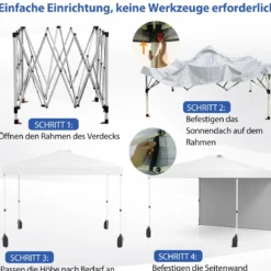 3 x 3 m Pop-up-Pavillon mit Seitenwand tragbarer Gartenpavillon inkl. Schattenspender mit Rolltasche Weiß