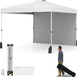 3 x 3 m Pop-up-Pavillon mit Seitenwand tragbarer Gartenpavillon inkl. Schattenspender mit Rolltasche Weiß