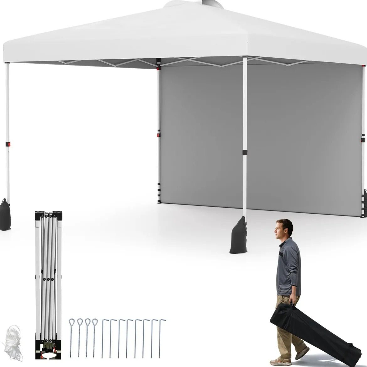 3 x 3 m Pop-up-Pavillon mit Seitenwand tragbarer Gartenpavillon inkl. Schattenspender mit Rolltasche Weiß