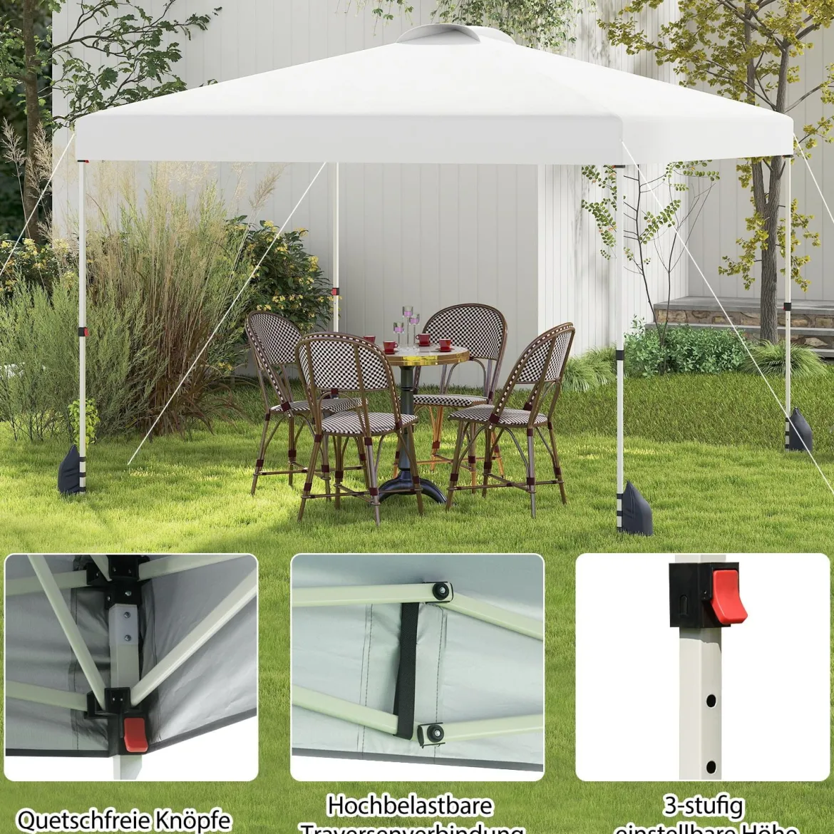 3 x 3 m Pop-up-Pavillon mit Seitenwand tragbarer Gartenpavillon inkl. Schattenspender mit Rolltasche Weiß