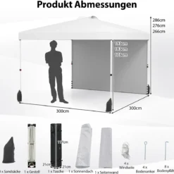 3 x 3 m Pop-up-Pavillon mit Seitenwand tragbarer Gartenpavillon inkl. Schattenspender mit Rolltasche Weiß
