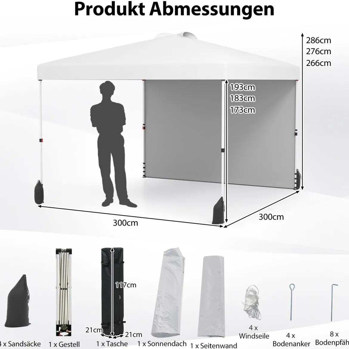 3 x 3 m Pop-up-Pavillon mit Seitenwand tragbarer Gartenpavillon inkl. Schattenspender mit Rolltasche Weiß