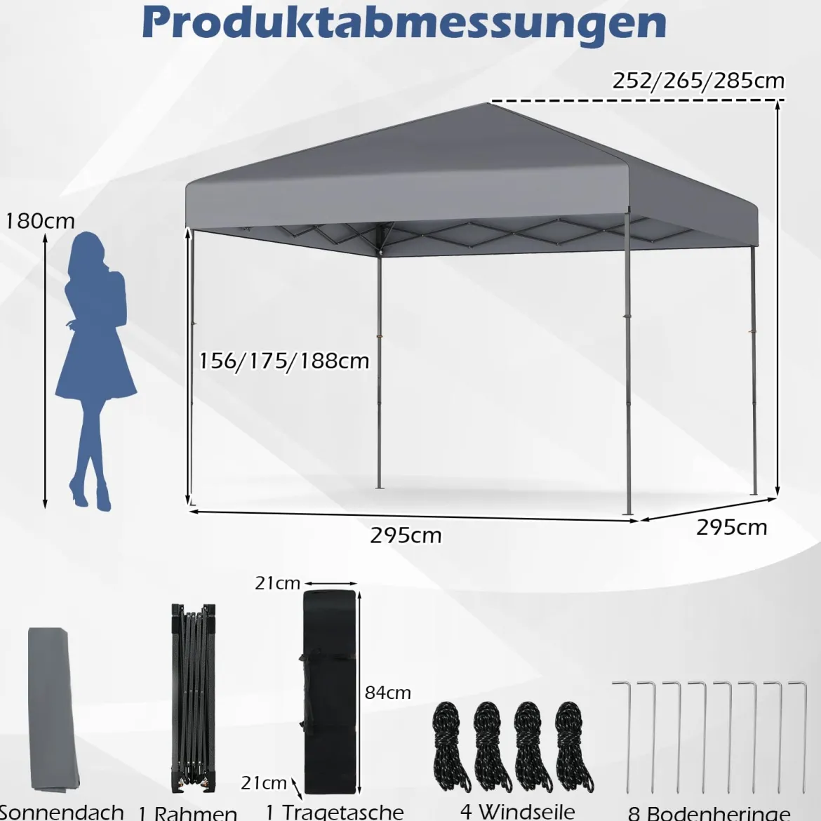 3x3 m Pop up Pavillon mit Tragetasche & UV50+ Höhenverstellbarer Faltpavillon Grau