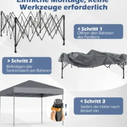 3x3 m Pop up Pavillon mit Tragetasche & UV50+ Höhenverstellbarer Faltpavillon Grau