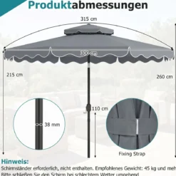 3x3m Sonnenschirm Terrassenschirm mit Einstellbarem Winkel Stabiler Metallstange Kurbel Grau/Beige