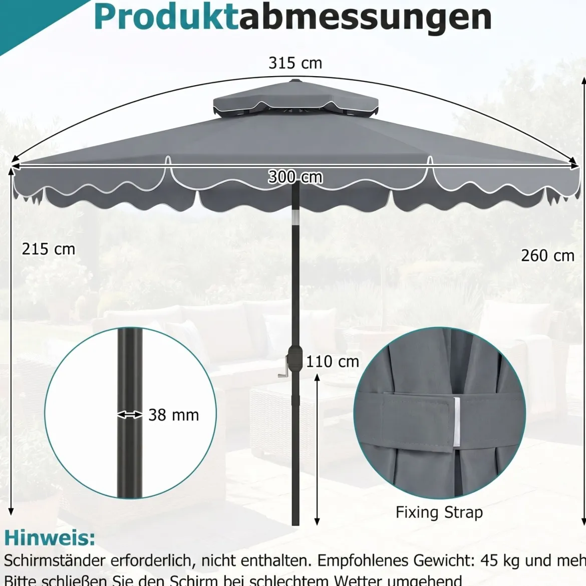 3x3m Sonnenschirm Terrassenschirm mit Einstellbarem Winkel Stabiler Metallstange Kurbel Grau/Beige