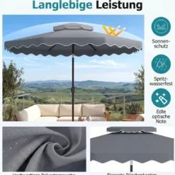 3x3m Sonnenschirm Terrassenschirm mit Einstellbarem Winkel Stabiler Metallstange Kurbel Grau/Beige