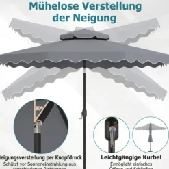 3x3m Sonnenschirm Terrassenschirm mit Einstellbarem Winkel Stabiler Metallstange Kurbel Grau/Beige