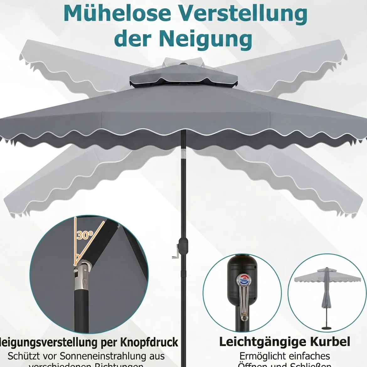 3x3m Sonnenschirm Terrassenschirm mit Einstellbarem Winkel Stabiler Metallstange Kurbel Grau/Beige