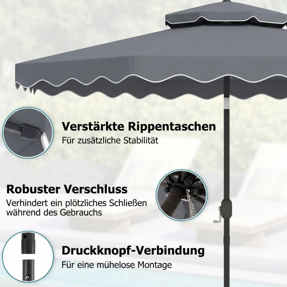 3x3m Sonnenschirm Terrassenschirm mit Einstellbarem Winkel Stabiler Metallstange Kurbel Grau/Beige