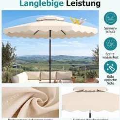 3x3m Sonnenschirm Terrassenschirm mit Einstellbarem Winkel Stabiler Metallstange Kurbel Grau/Beige