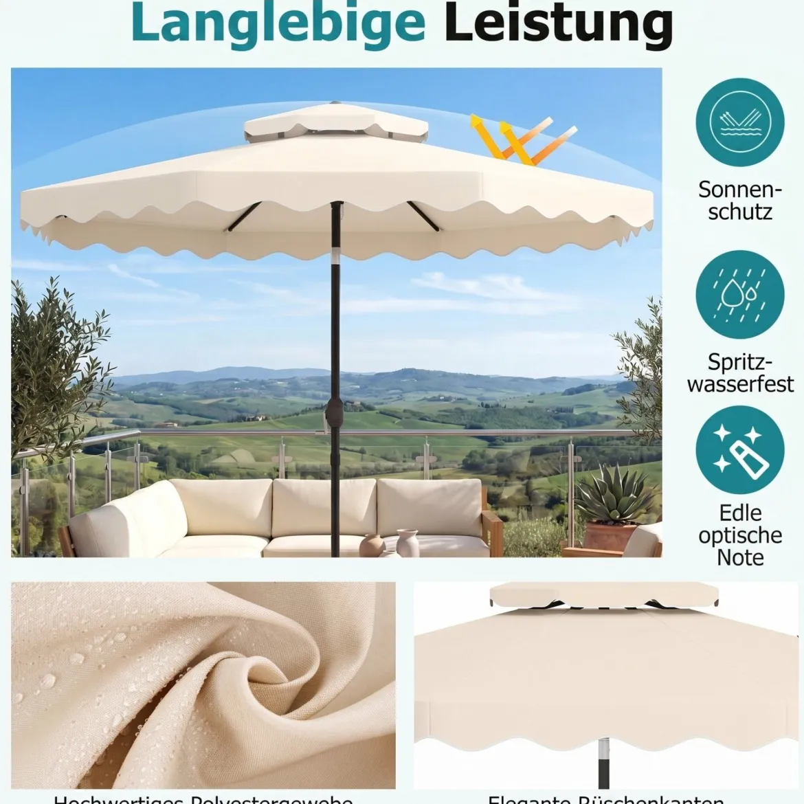 3x3m Sonnenschirm Terrassenschirm mit Einstellbarem Winkel Stabiler Metallstange Kurbel Grau/Beige