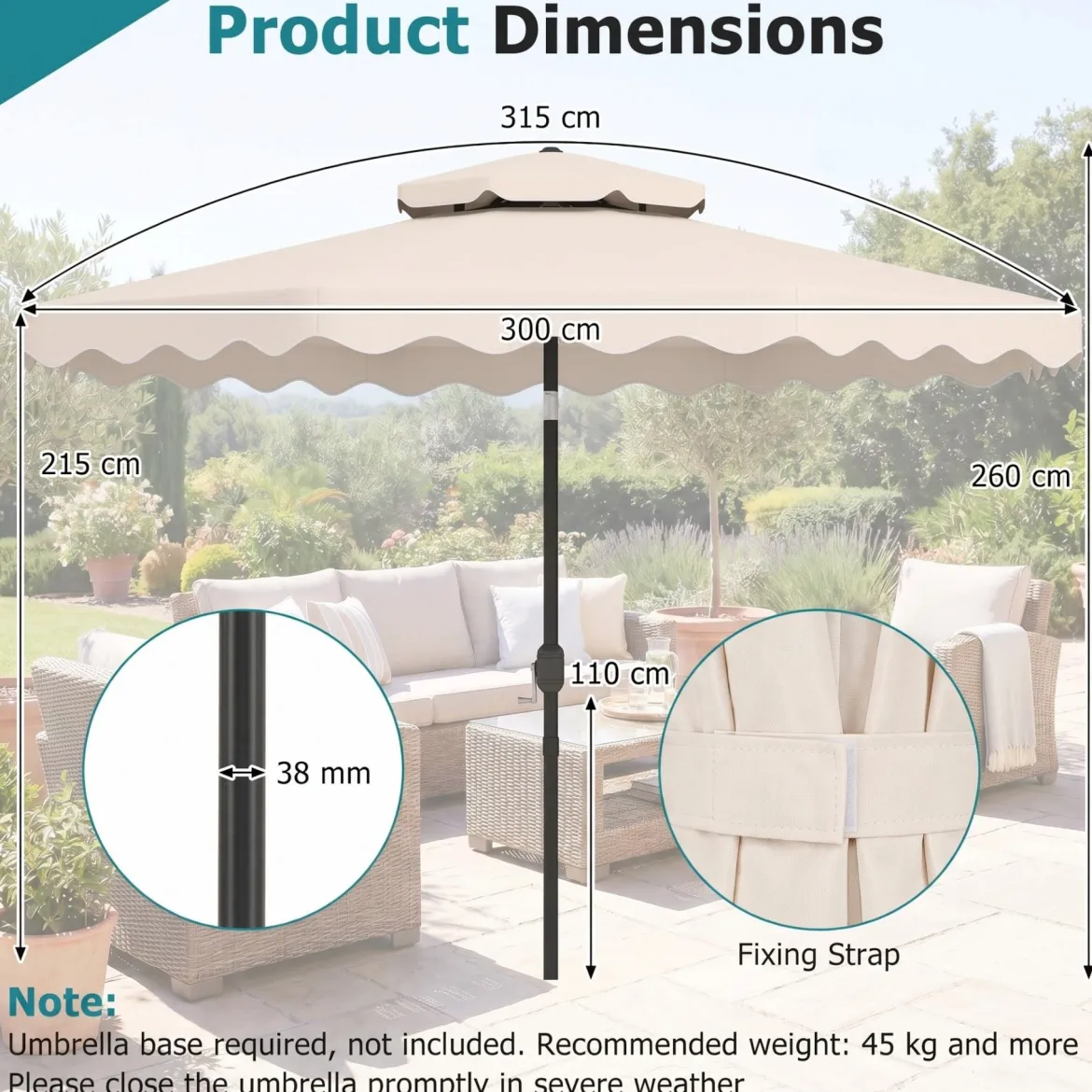 3x3m Sonnenschirm Terrassenschirm mit Einstellbarem Winkel Stabiler Metallstange Kurbel Grau/Beige