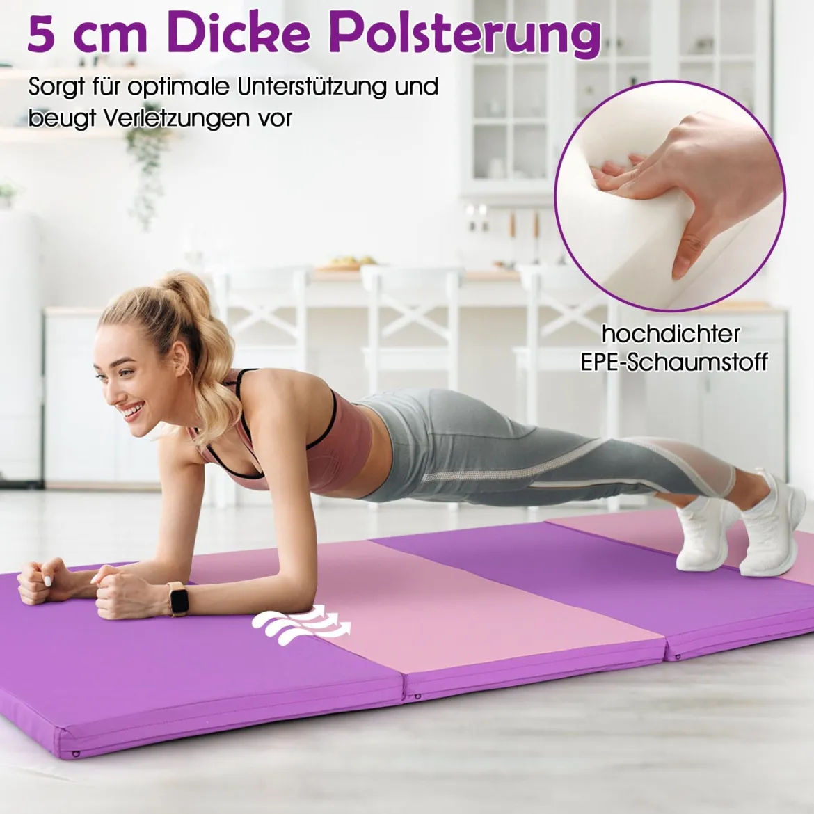 240 x 116 x 5 cm Faltbare Gymnastikmatte Gymnastikmatte Fitnessmatte Gymnastikmatte mit Tragegriffen Lila + Rosa
