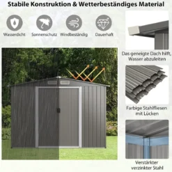 260x207x180cm Großer Geräteschuppen mit Fundament & Doppeltüren & Rampe Hellgrau