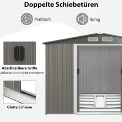260x207x180cm Großer Geräteschuppen mit Fundament & Doppeltüren & Rampe Hellgrau