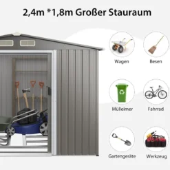 260x207x180cm Großer Geräteschuppen mit Fundament & Doppeltüren & Rampe Hellgrau