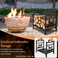 46 x 34 x 45 cm Kaminholzregal Kaminholzständer aus Metall mit Griffen & verstellbaren Fußpolstern Schwarz