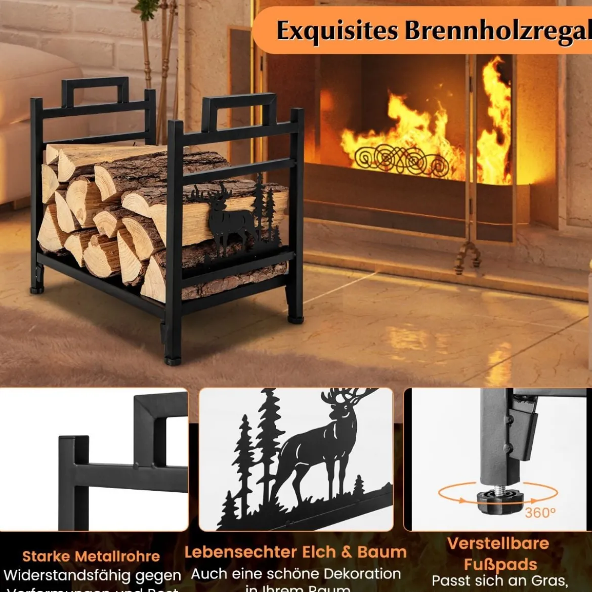 46 x 34 x 45 cm Kaminholzregal Kaminholzständer aus Metall mit Griffen & verstellbaren Fußpolstern Schwarz
